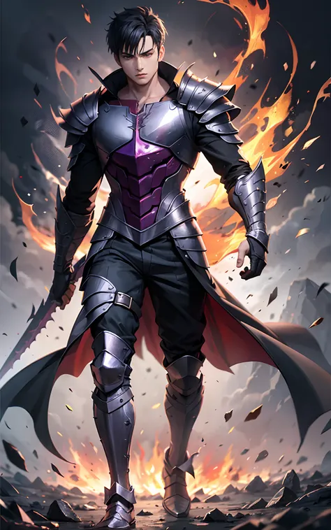 Guts (Berserk) full body scene with  black  hair, handsome face 20 years old, cold, fiery eyes, center, full body black armor inspired by dragon scales reflecting hell fire and purple black lightning.