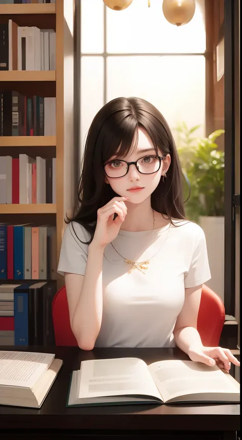 Girl with glasses，Read a book in the library