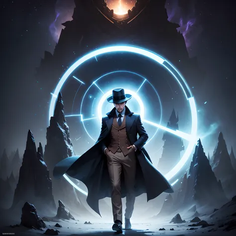 A handsome figure in a long coat and hat steps out of a glowing portal, a look of wonder on their face.