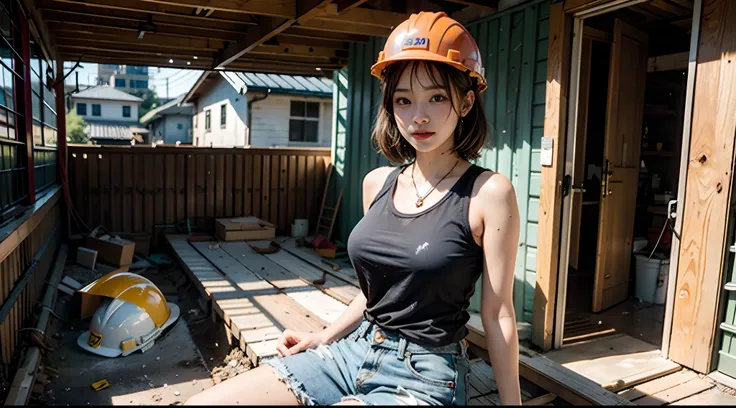 Full body portrait of a beautiful girl on a construction site，Sit on building materials，hardhat，denim short，short detailed hair，Dilapidated West，face with beads of sweat，Sweat soaked clothes，perfect bodies，detail-rich，Ruby complexion，Cinema lenses，k hd