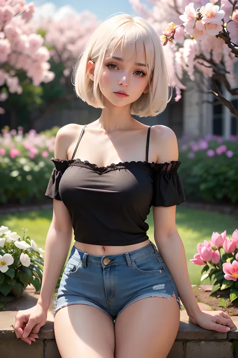 pretty 1girl, absurdres, 8k uhd, platinum blonde hair, bob cut, medium breasts, black tshirt, denim shorts, garden background, flowers, magnolias, apple tree, close up portrait