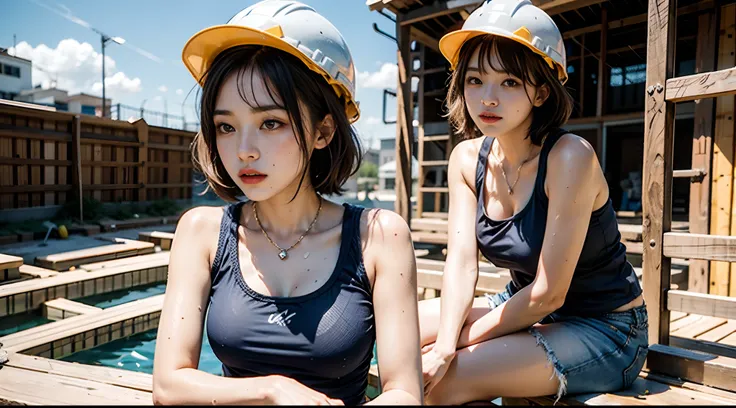 Full body portrait of a beautiful girl on a construction site，Sit on building materials，hardhat，denim short，short detailed hair，Sport Tank Top，face with beads of sweat，Sweat soaked clothes，perfect bodies，detail-rich，Ruby complexion，Cinema lenses，k hd