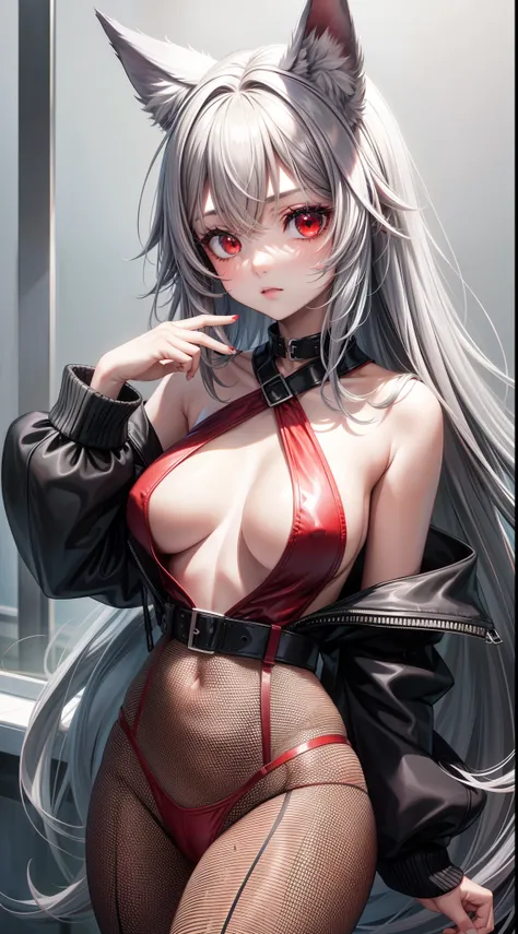 adult girl, Gray hair of medium length, red eyes, wolf ears, naked, nipples, fishnet tights, Masterpiece, hiquality