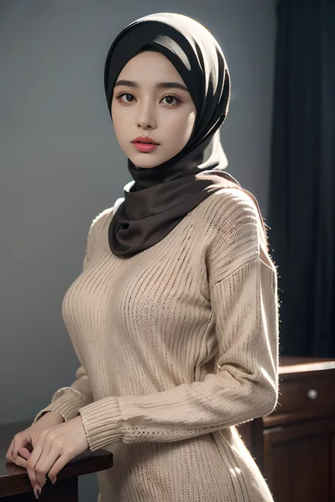 (RAW photo, best quality), POV, (realistic, photo-realistic:1.3), ((Sweaters Outfits)), HIJAB OUTFITS DRESS, best quality of Hijab Girl, Full Hijab Dress, highly detailed, masterpiece, ultra-detailed, illustration, 1girl, upper_body, dynamic angle, world m...