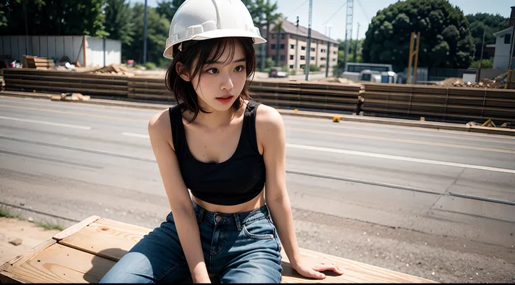 Full body portrait of a beautiful girl on a construction site，Sit on building materials，hardhat，denim short，short detailed hair，Sport Tank Top，face with beads of sweat，Sweat soaked clothes，perfect bodies，detail-rich，Ruby complexion，canon 6d