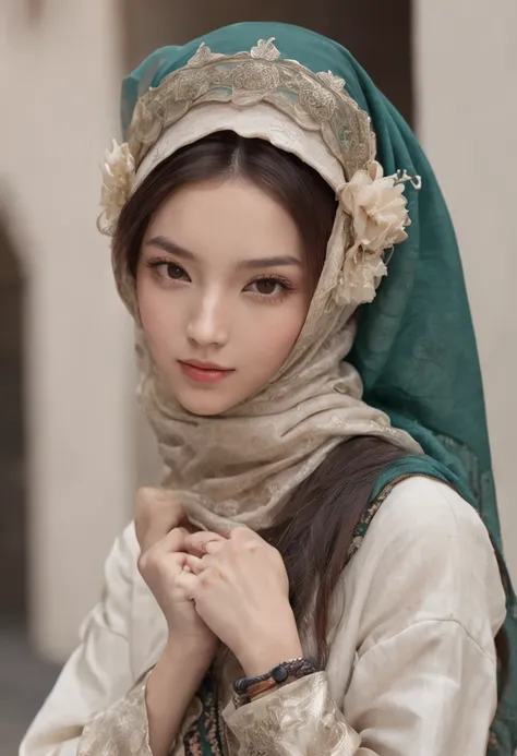 (8k, masterpiece), photo-realistic), (looking at viewer), posing, 1girl, Random expression, Muslim, Wear a scarf on your head, A girl around 18 years old, Chinese style, Full body photo, high-heels, Art Deco, best quality