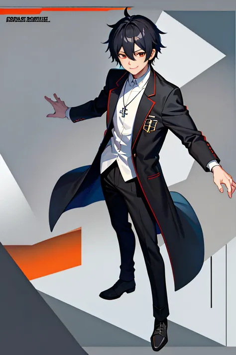 (Highest image quality), quadratic element，Anime figure, Red eyes, Black hair,male anime character, Anime moe art style, Character art portrait，Single horsetail, confident smile，Cross necklace，solo person