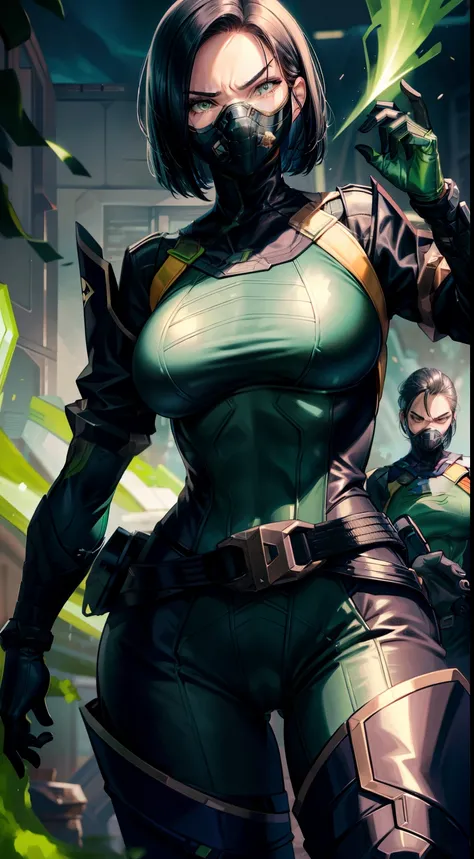 Masterpiece, Best quality,Look at the woman from below ，《Fearless viper》, tightsuit, mitts, belt, thigh boots, respirator, view the viewer, face, Portrait, Close-up, Glowing eyes, green smoke, Black background,huge tit，Raised chest，Close-up of chest，oversi...