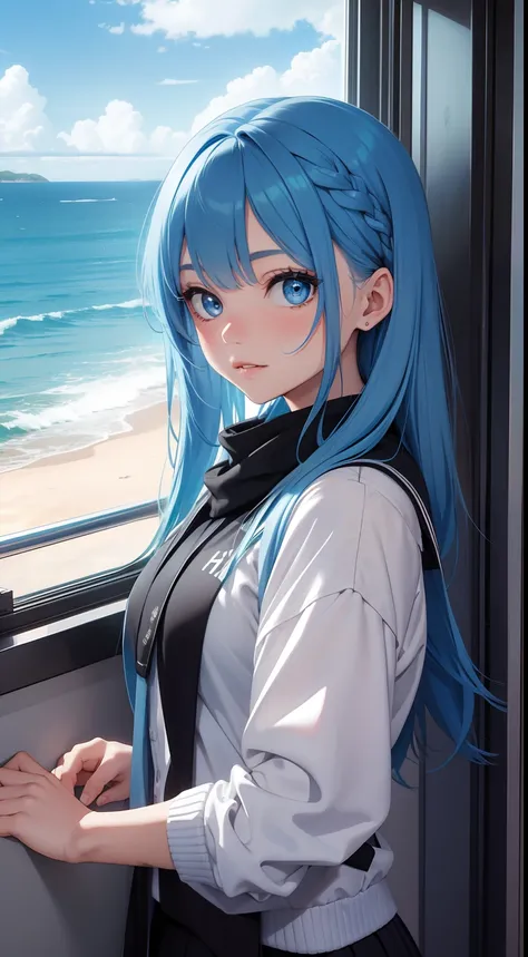 Young girl, blue hair, ocean eyes, student, treasurer, Masterpiece, hiquality