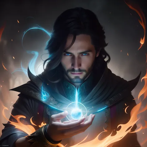 a closeup of a person holding a ball with fire in their hands, an arcane wizard casting a spell, kaladin stormblessed, Retrato de um Mago, feiticeiro masculino malvado, Graphic artist Magali Villeneuve, caleb from critical role, Preto - Mago Cabelo, Epic F...