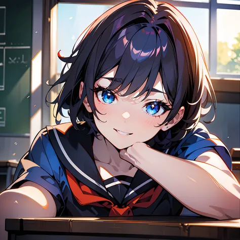 Blue-orange curls are curved inward，It belongs to short-haired，There is a strong sense of freshness and freshness,girl with,serafuku, hands on ones face, Elbows on the desk, Sit up, ‎Classroom, sunlights, window, see the beholder, Toothy smile, I can see t...