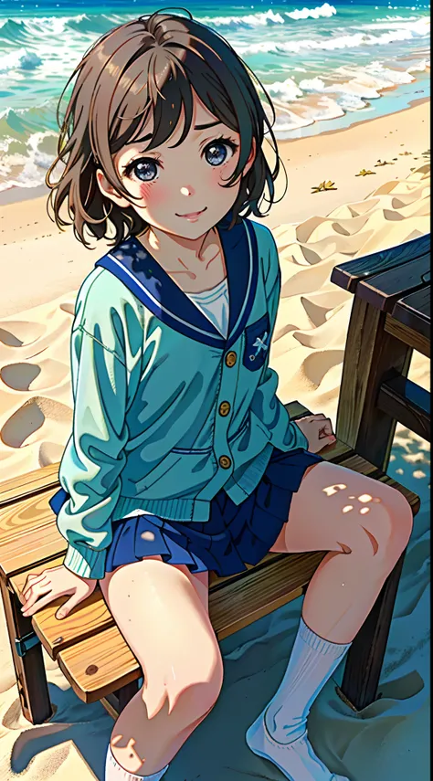 Masterpiece to the smallest detail、top-quality, 1 girl in, Watanabe You (lovelive) sitting bench, ocean, sand, sun, beach, drinking, uniform, happy, socks, great light, sunshine, cute, tree, boat