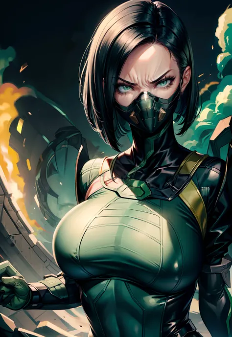 Masterpiece, Best quality,Look at the woman from below ，《Fearless viper》, tightsuit, mitts, belt, thigh boots, respirator, view the viewer, face, Portrait, Close-up, Glowing eyes, green smoke, Black background,huge tit，Raised chest，Close-up of chest，oversi...