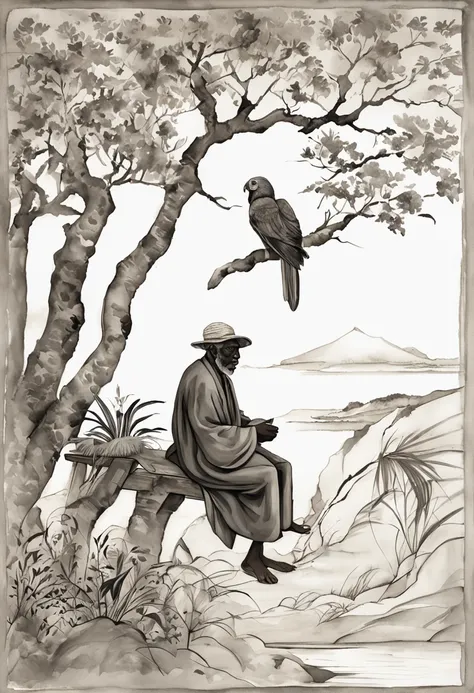 SeaArt Positive Prompt:

Embark on a journey of emotions: Create a monochromatic masterpiece portraying an elderly black man seated on a wooden crate. Amidst a sea of solitude, he emanates a dignified presence. Native Brazilian birds, including swallows, p...