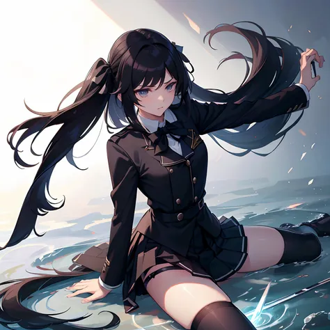 tmasterpiece，best qualtiy，Correct limbs，Girl Fighting with Swords，JK school uniform，emaciated，a black pleated skirt，black lence stockings，thin very long legs，18year old，High school seniors，school ground