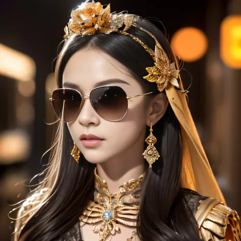 Skeleton Halloween pumpkin style，Wear thick gold-framed reflective sunglasses，32K（tmasterpiece，k hd，hyper HD，32K）Light orange flowing hair，Silver skull jewelry area in the cave，Indigo Skull King ，Skeleton protector （The skeleton is realistic：1.4），Skull pat...