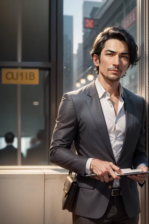 Firm and wise eyes，A slight smile，The hair is oriental black, Short black hair,without a beard，The male age is about 50 years ,Men wear blazers，Savvy temperament， in front view, full bodyesbian,Professional briefcase，Detective image，concept-art, Photoreali...