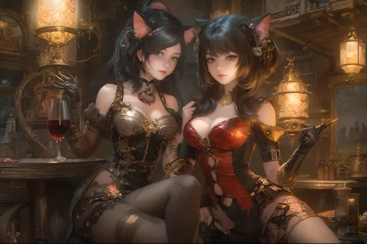 there are 2 girls in a cat suit holding a glas of red wine, steampunk catgirl, candle light, steampunk beautiful anime woman, smal breasts, Art Deco, wlop and sakimichan, ruan jia and artgerm, range murata and artgerm, artwork in the style of guweiz, masay...