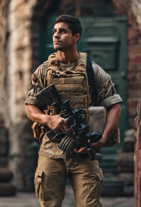 Create a realistic photo of a soldier of the Latin army, with an average age of 30 years old covering a college student with a backpack on his back and a book in his hands, with an average age of 22 years from a public college.