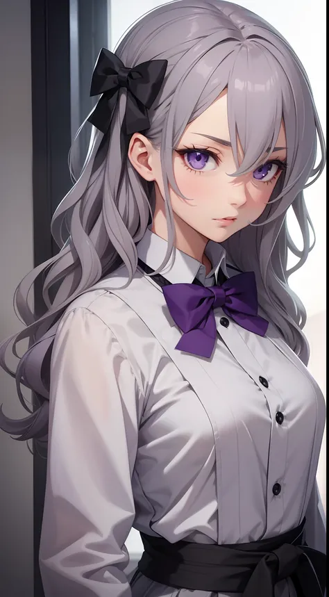 mature girl, grey wavy hair, violet eyes, bow tie, designer, martial arts, Masterpiece, hiquality, scornful