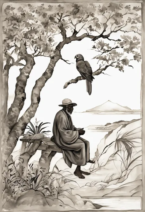 SeaArt Positive Prompt:

Embark on a journey of emotions: Create a monochromatic masterpiece portraying an elderly black man seated on a wooden crate. Amidst a sea of solitude, he emanates a dignified presence. Native Brazilian birds, including swallows, p...