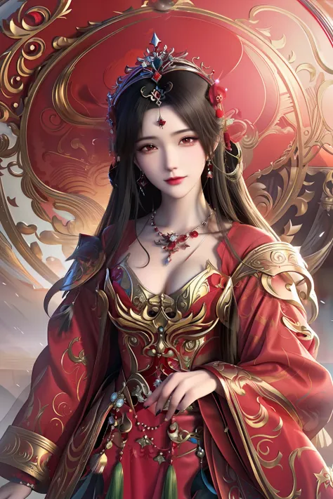 a close up of a woman with a red dress and a red hat, a beautiful fantasy empress, ((a beautiful fantasy empress)), Fantasy art style, Beautiful character painting, Anime fantasy illustration, Palace ， A girl in Hanfu, Extremely detailed Artgerm, Anime fan...