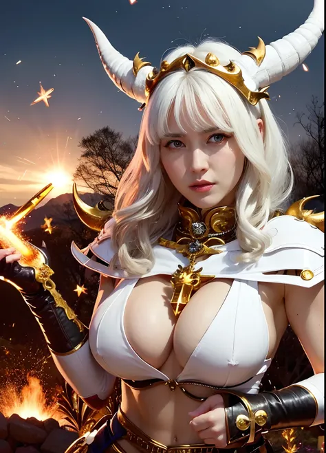 Professional , ​masterpiece、top-quality、photos realistic , depth of fields 、（White Gemstone Body:1.９),(Matte White、（cleavage of the breast）、Jewel Gold Weapon、Particles of light、Gemstone Body White:1.４),Gorgeous gold weapons ,（（ Dragon dense and gorgeous dr...