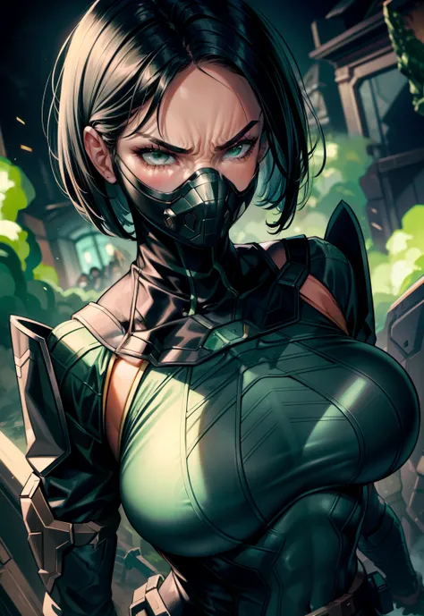 Masterpiece, Best quality,Look at the woman from below ，《Fearless viper》, tightsuit, mitts, belt, thigh boots, respirator, view the viewer, face, Portrait, Close-up, Glowing eyes, green smoke, Black background,huge tit，Raised chest，Close-up of chest，oversi...