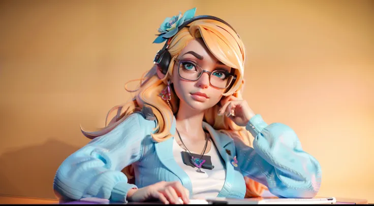 "Stylized 3D Model LoRA, depicting a gorgeous glamour sexy  blond geek named Lora sitting behind a desk, hands on the desk, immersed in her computer setup like an influencer, she is wearing cute turquoise floral crop, hyperrealistic photography, niji 5 sty...