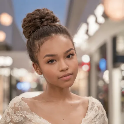 (mikayla demaiter) beautiful 25 year old girl posing in a mall clothing store, African American, brown skin, skinny, flat chest, tiktok, instagram, sarah b. alston and co, associate attorney, best quality, 1girl, blur background, bokeh, (mall:1.4), ((weari...