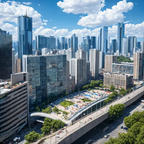 Photography is super realistic，16 high magnification telephoto，film，Future International Urban Planning Model 1：500，cyber punk style，Backstreets at the top of the slope，with blue sky and white clouds，morningglow，Low density，Future ultra-tall office buildin...