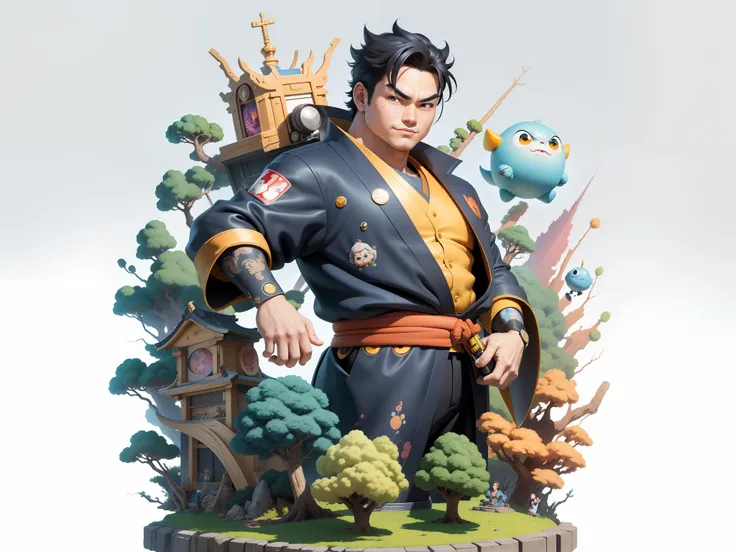 (Masterpiece), (Excellent), (Super Meticulous), (Full Body: 1.2), Super Young Man, Oriental Face, Japanese Kimono, Japanese Wind Thunder God, Dragon, Tiger, TV Anchor, Bust Portrait Illustration, Alone, Black Suit, Blue Tie, Slightly Chubby Face, Very Clea...