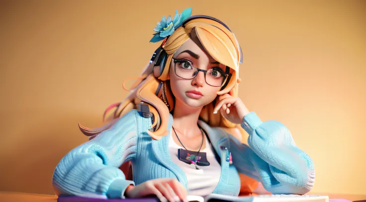 "Stylized 3D Model LoRA, depicting a gorgeous glamour sexy  blond geek named Lora sitting behind a desk, hands on the desk, immersed in her computer setup like an influencer, she is wearing cute turquoise floral crop, hyperrealistic photography, niji 5 sty...