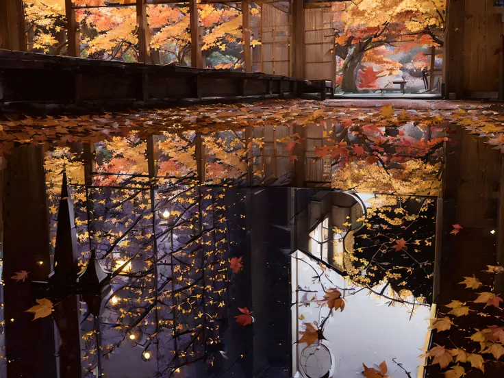 ((((night situation:1.5)))), an illustration of the scenery of the autumn leaves are depicted in a double layer due to the mirro...