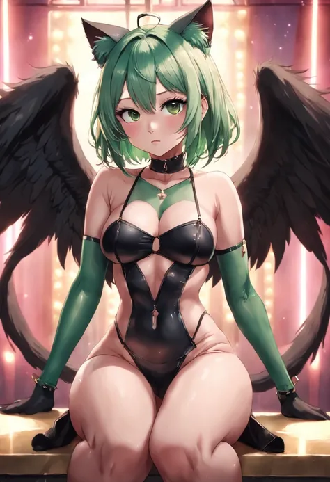 Young anime girl in sexy stripper outfit with cat ears and cat tail and high heels and gorgeous young face and green hair and angel wings sitting wide-legged in a strip club, Poledance (Poletanz), Strip-Club, Nachtclub, ultrarealistische sexy Stripperin, 8...