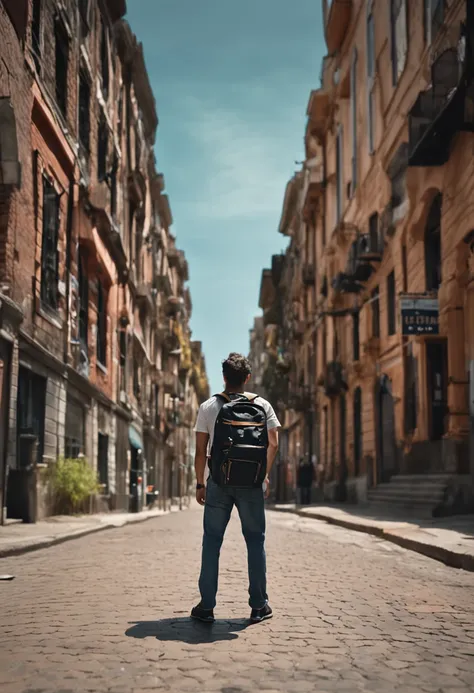 Realistic photo of a college student with black backpack on his back, camisa branca e tom de pele parda, holding a book in his hands looking at the camera.