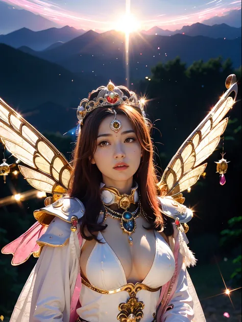 (masutepiece), Professional , ​masterpiece、top-quality、photos realistic , depth of fields （Gemstone White Metal Body:1.９),(Matte White Pink、Jewel Gold Weapon、（Gorgeous castle background）、（ultimate beauty girl）、（Rainbow fairy wings grow）、Particles of light、...