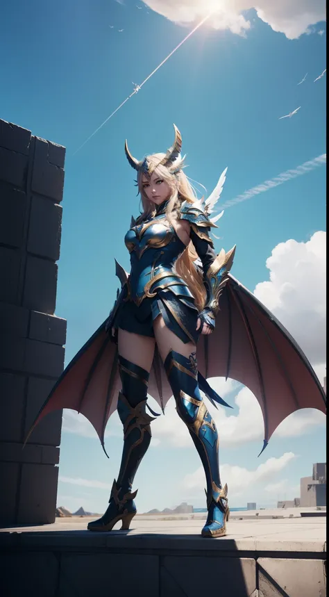 Valkyrie, female, dragon-form amor, Honkai impact style, on top of building, full body, blue sky background, Animal Anthropomorphism, realistic digital, humanoid, abstract background, global illumination, intricate, epic, dramatic, masterpiece, high detail...