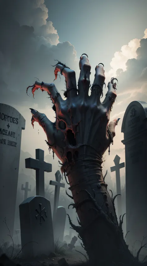 a close up of a zombie hand reaching out of a grave, a poster by Kristian Kreković, shutterstock, digital art, zombie reaching out of a grave, horror poster