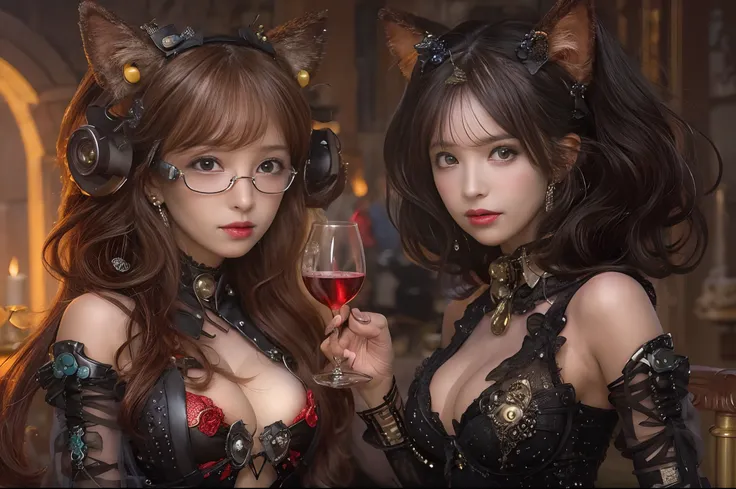 there are 2 girls in a cat suit holding a glas of red wine, steampunk catgirl, candle light, steampunk beautiful anime woman, smal breasts, Art Deco, wlop and sakimichan, ruan jia and artgerm, range murata and artgerm, artwork in the style of guweiz, masay...