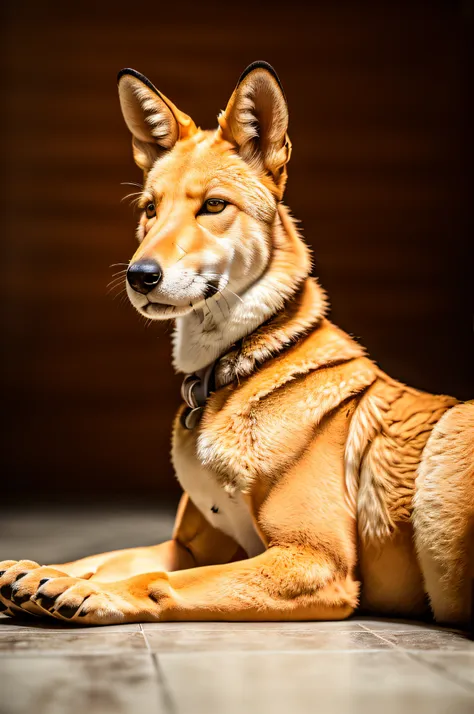 there is one young beige dingo  that is laying down on the tiledfloor in a luxury penthouse, canine, profile shot, dingo,, amber...