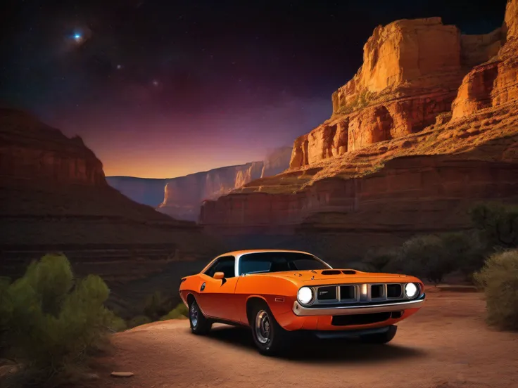 “(1971 Plymouth Hemi Cuda:1.1) in the breathtaking Great Canyon under the enchanting night sky:1.1”