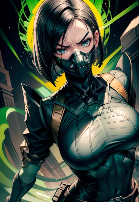 Masterpiece, Best quality,Look at the woman from below ，《Fearless viper》, tightsuit, mitts, belt, thigh boots, respirator, view the viewer, face, Portrait, Close-up, Glowing eyes, green smoke, Black background,huge tit，Raised chest，Close-up of chest，oversi...