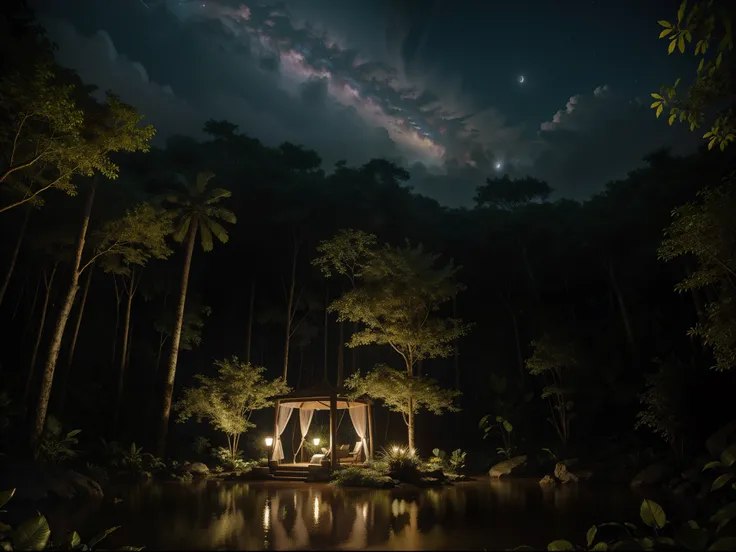 Hyper realistic photograph, tranquil night, mars, jungle, rainy, 64k, masterpiece, Ultrahd