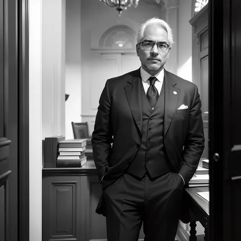 A black-and-white photograph from 1900 shows a 47-year-old white-skinned Latino intellectual president in a suit and tie with round glasses posing standing in his neoclassical office.