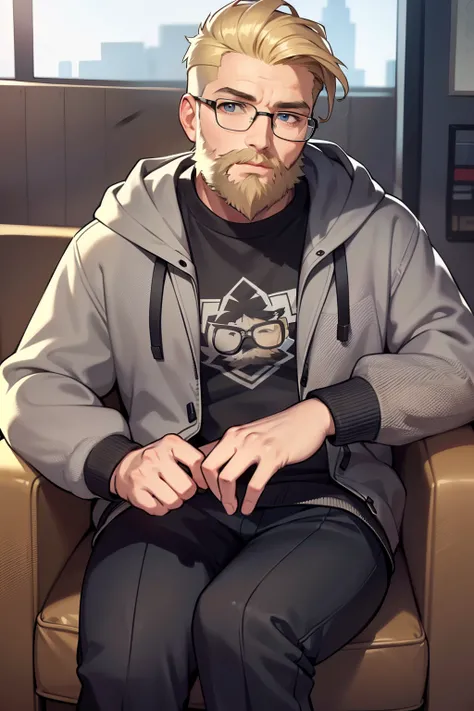 a bearded man wearing grey sweatshirt and grey jacket relaxing, 1boy, male focus, facial hair, solo, bushy beard, glasses, jacket, looking at viewer, short hair, hood, armchair, broad shoulders, (blonde hair), blue eyes