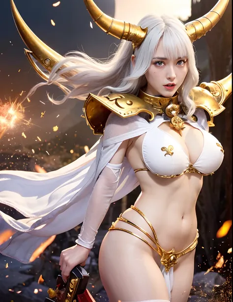 Professional , ​masterpiece、top-quality、photos realistic , depth of fields 、（White Gemstone Body:1.９),(Matte White、（cleavage of the breast）、Jewel Gold Weapon、Particles of light、Gemstone Body White:1.４),Gorgeous gold weapons ,（（ Dragon dense and gorgeous dr...