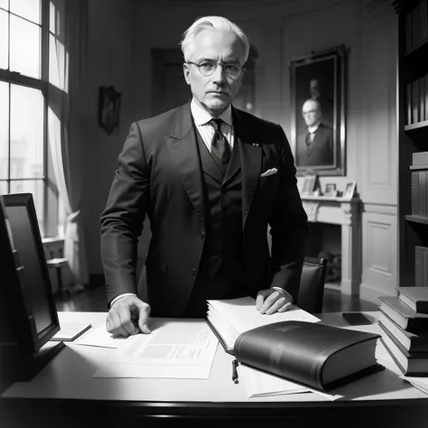 A black-and-white photograph from 1900 shows a 47-year-old white-skinned Latin European intellectual president in a suit and tie with round glasses posing standing in his neoclassical office.