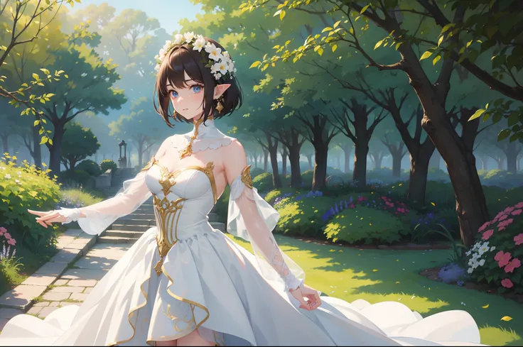 Official Art, Masterpiece European female, elvish, short hair, pale brown hair , brown eyes, (​masterpiece、top-quality、hight resolution: 1.4),in 8K, Drawing of a woman with short pale brown hair, Anime Art Nouveau, highly detailed exquisite fanart, anime f...