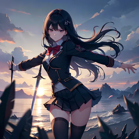 tmasterpiece，best qualtiy，Correct limbs，Girl Fighting with Swords，JK school uniform，emaciated，a black pleated skirt，black lence stockings，thin very long legs，18year old，High school seniors，school ground